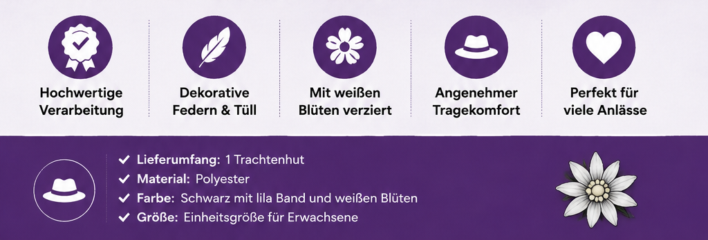 Produktdetails des schwarzen Trachtenhuts mit lila Band und wei&szlig;en Bl&uuml;ten